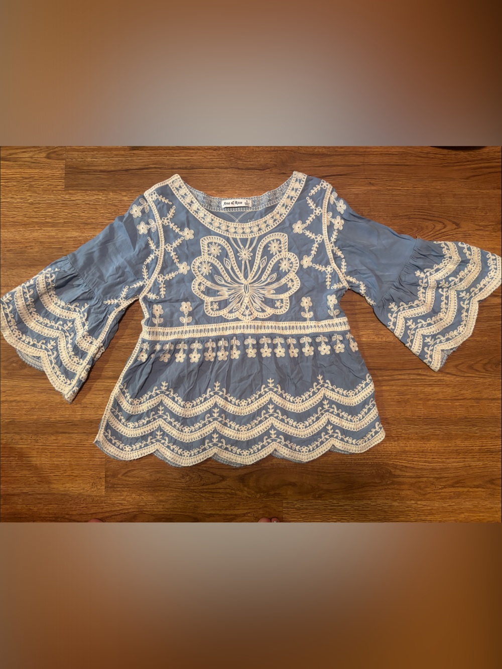 Light Blue Embroidered Peasant Tunic with Cream Lace Trim